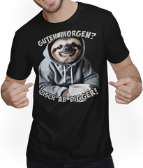 Produktbild von T-Shirt mit Mann Guten Morgen? Zisch ab Digger! Faultier Kaffee Spruch