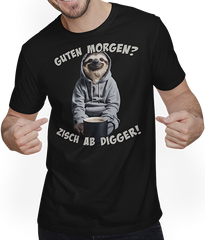 Produktbild von T-Shirt mit Mann Guten Morgen? Zisch ab Digger! Faultier Kaffee Spruch