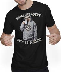 Produktbild von T-Shirt mit Mann Guten Morgen? Zisch ab Digger! Faultier Kaffee Spruch