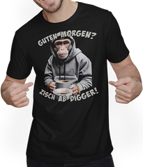 Produktbild von T-Shirt mit Mann Guten Morgen? Zisch ab Digger! Kaffee Spruch Lustige Affen