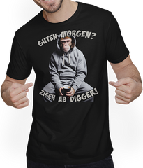 Produktbild von T-Shirt mit Mann Guten Morgen? Zisch ab Digger! Kaffee Spruch Lustige Affen