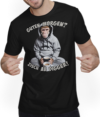 Produktbild von T-Shirt mit Mann Guten Morgen? Zisch ab Digger! Kaffee Spruch Lustige Affen
