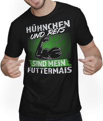 Produktbild von T-Shirt mit Mann Hühnchen Reis Futtermais Kraft Bodybuilding Männer Sprüche