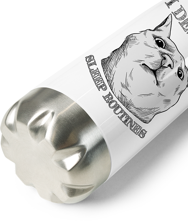 Produktbild vom Boden der Thermoflasche I Destroy Sleep Routines Katzen-Spruch