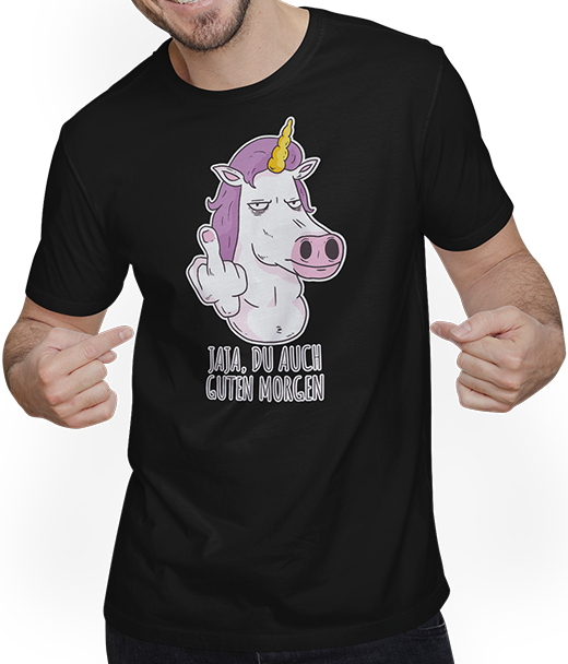 Produktbild von T-Shirt mit Mann Jaja, Du auch guten Morgen Morgenmuffel Mittelfinger Einhorn
