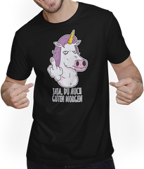 Produktbild von T-Shirt mit Mann Jaja, Du auch guten Morgen Morgenmuffel Mittelfinger Einhorn
