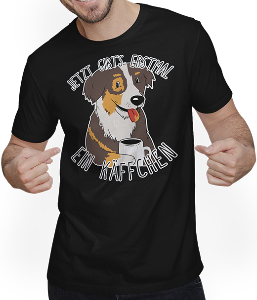 Produktbild von T-Shirt mit Mann Jetzt gibt's erstmal ein Käffchen Australian Kaffee Sprüche