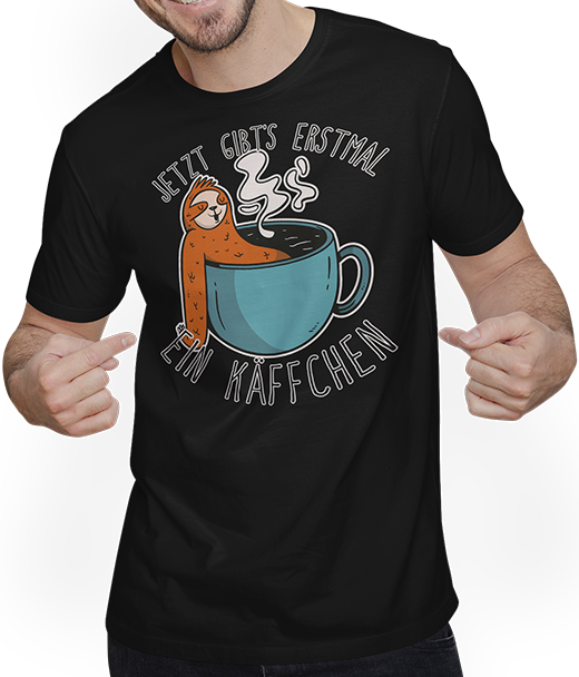Produktbild von T-Shirt mit Mann Jetzt gibt's erstmal ein Käffchen Faultier Kaffee Sprüche