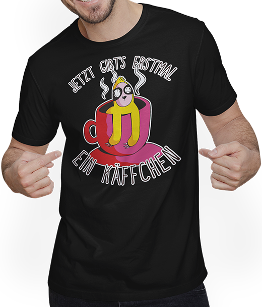 Produktbild von T-Shirt mit Mann Jetzt gibt's erstmal ein Käffchen Faultier Kaffee Sprüche