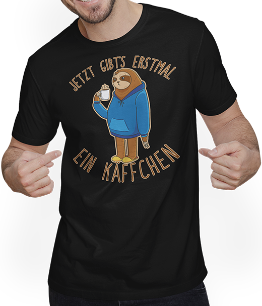 Produktbild von T-Shirt mit Mann Jetzt gibt's erstmal ein Käffchen Kaffee Sprüche Faultier