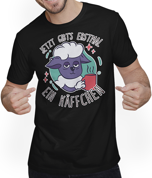 Produktbild von T-Shirt mit Mann Jetzt gibt's erstmal ein Käffchen Schaf Kaffee Sprüche