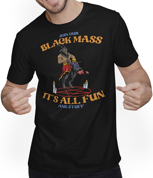 Produktbild von T-Shirt mit Mann Join Our Black Mass It's All Fun Pentagramm Baphomet Vintage