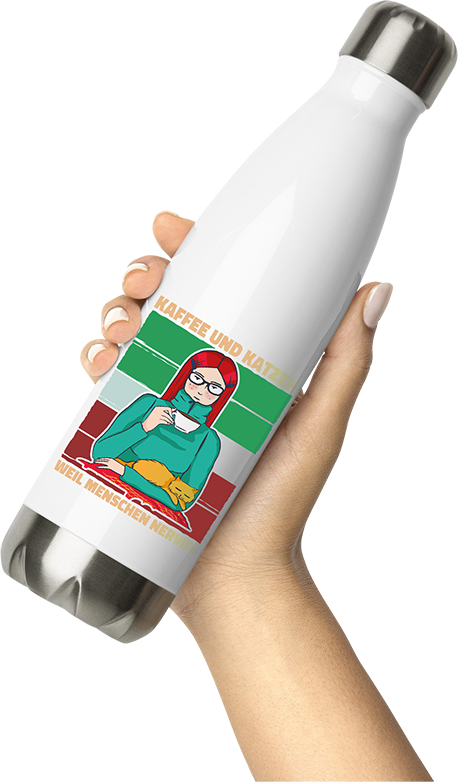 Produktbild von Thermosflasche von Hand gehalten Kaffee und Katzen weil Menschen Nerven Morgenmuffel Katzen