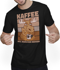 Produktbild von T-Shirt mit Mann Kaffee weil Menschen Nerven Morgenmuffel Elch Sprüche