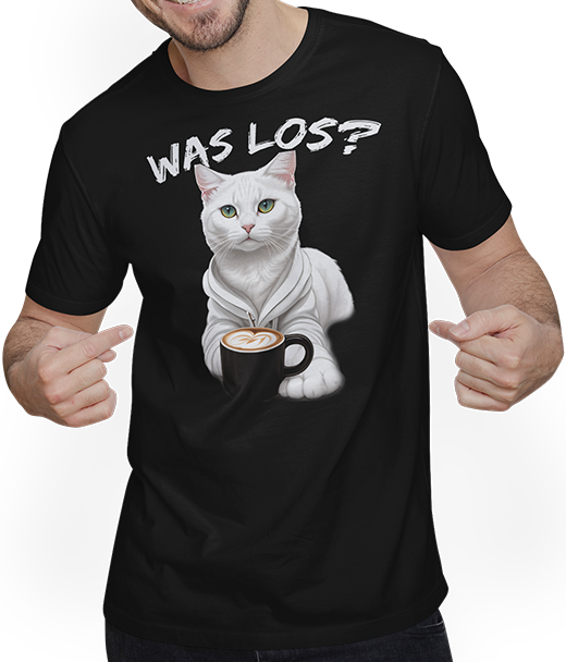 Produktbild von T-Shirt mit Mann Katze "Was los?" Freche Mädchen Sprüche Jungen Spruch