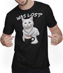 Produktbild von T-Shirt mit Mann Katze "Was los?" Freche Mädchen Sprüche Jungen Spruch