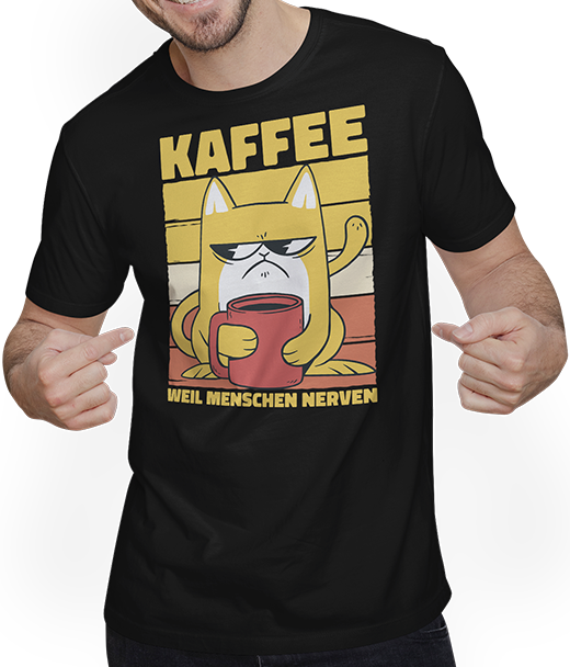 Produktbild von T-Shirt mit Mann Katzen weil Menschen Nerven Morgenmuffel Kaffee Sprüche