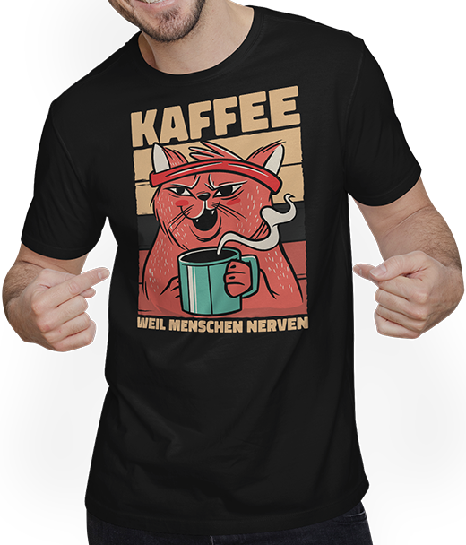 Produktbild von T-Shirt mit Mann Katzen weil Menschen Nerven Morgenmuffel Kaffee Sprüche