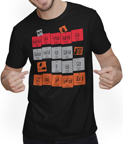 Produktbild von T-Shirt mit Mann Koffein Periodensystem der Elemente Kaffee Spruch PSE Chemie