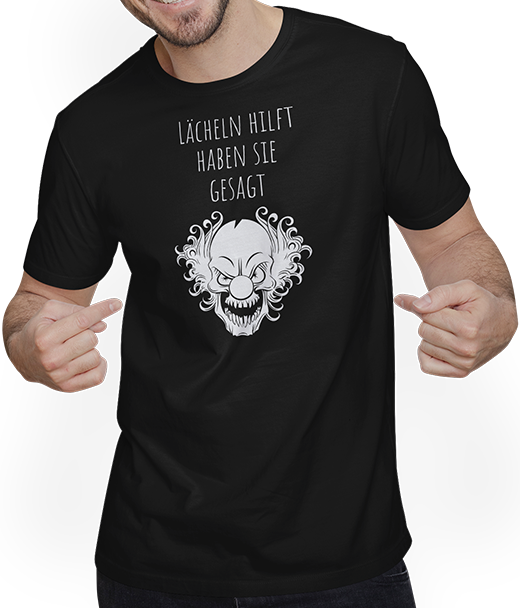 Produktbild von T-Shirt mit Mann Lächeln hilft | Lustiger Spruch | Verrückter irrer Clown