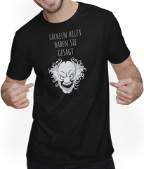 Produktbild von T-Shirt mit Mann Lächeln hilft | Lustiger Spruch | Verrückter irrer Clown