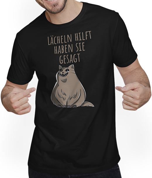 Produktbild von T-Shirt mit Mann Lächeln hilft | Sarkastischer Ironischer Katzen Spruch