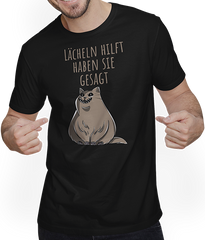 Produktbild von T-Shirt mit Mann Lächeln hilft | Sarkastischer Ironischer Katzen Spruch