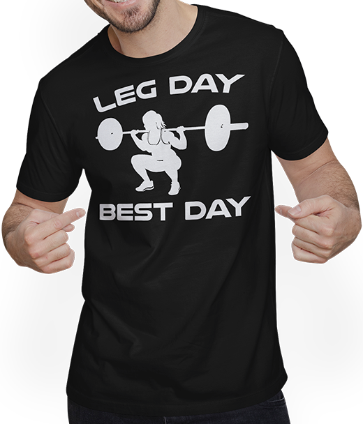 Produktbild von T-Shirt mit Mann Leg Day Best Day Bodybuilding Muskel Gewichtheben Kniebeugen
