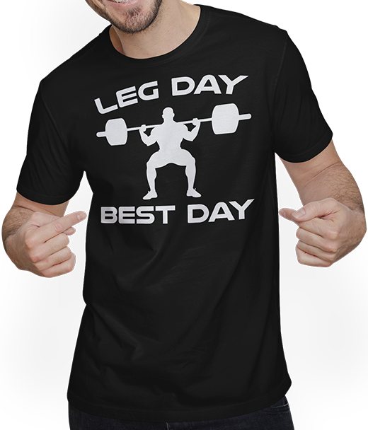 Produktbild von T-Shirt mit Mann Leg Day Best Day Bodybuilding Muskel Gewichtheben Kniebeugen