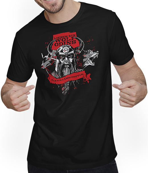 Produktbild von T-Shirt mit Mann Lieber ein Wolf Odins als ein Lamm Gottes Odin Wotan Thor