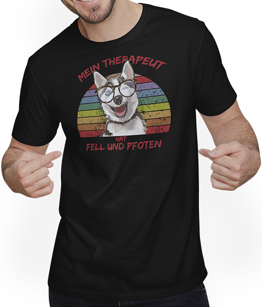 Produktbild von T-Shirt mit Mann Lustiger Husky | Mein Therapeut hat Fell und Pfoten | Spruch