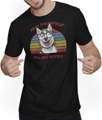 Produktbild von T-Shirt mit Mann Lustiger Husky | Mein Therapeut hat Fell und Pfoten | Spruch