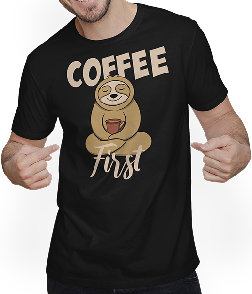 Produktbild von T-Shirt mit Mann Lustiger Kaffee Spruch mit Faultier für Kaffeetrinker