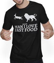 Produktbild von T-Shirt mit Mann Man I Love Fast Food Jagd Löwe Antelo Lustiger Jäger Spruch