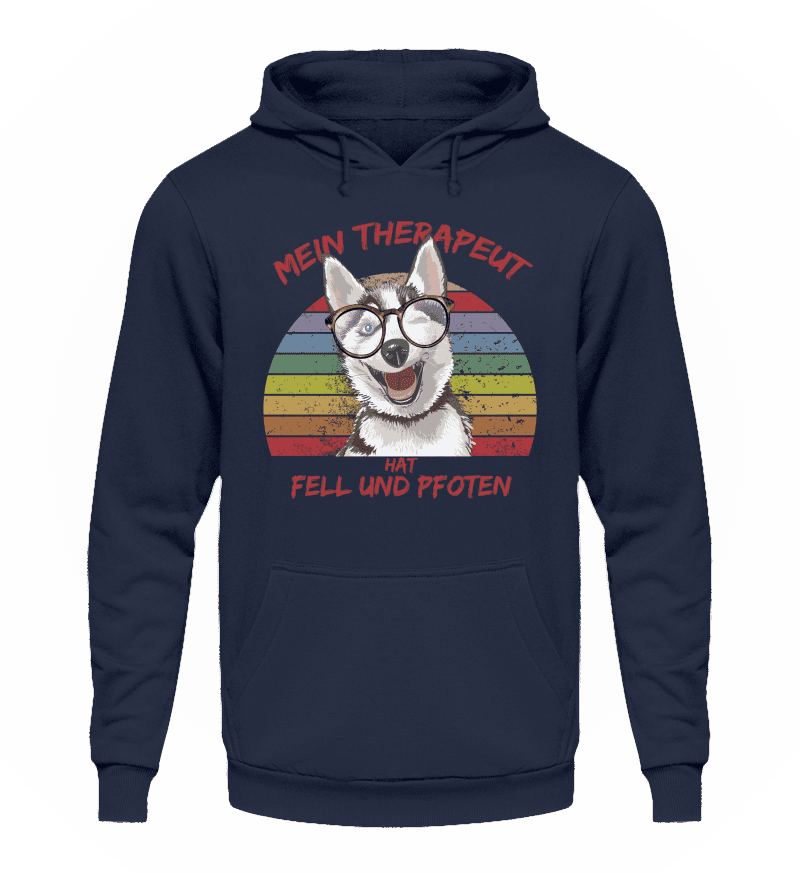 Süßer Husky | Lustiger Spruch | Mein Therapeut hat Fell und Pfoten | Unisex Kapuzenpullover Hoodie in Oxford Navy in Größe L