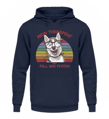 Süßer Husky | Lustiger Spruch | Mein Therapeut hat Fell und Pfoten | Unisex Kapuzenpullover Hoodie in Oxford Navy in Größe L