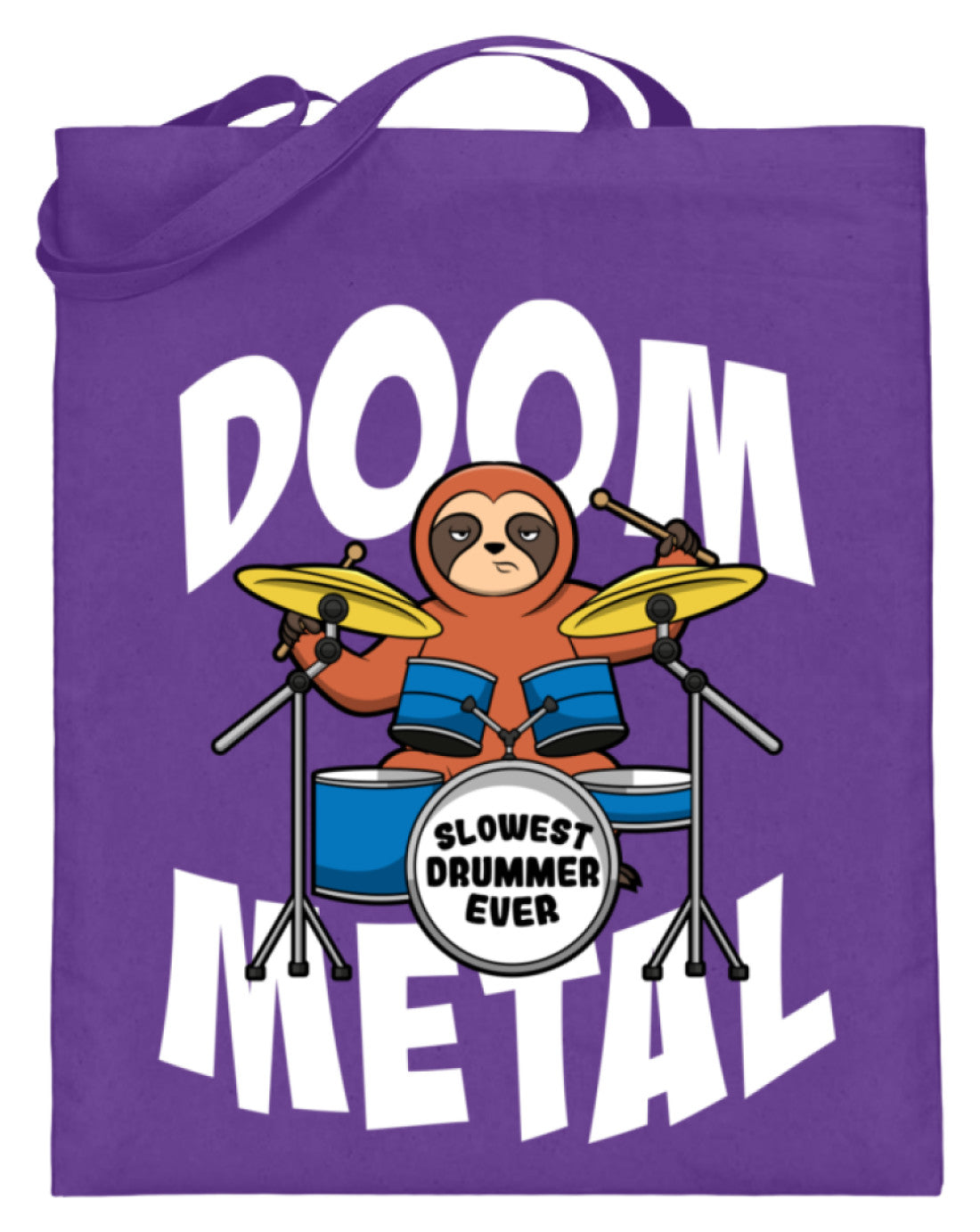 Zeigt funny doom metal sloth drummer jutebeutel mit langen henkeln in Farbe Violett