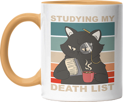 Studying my death list Katze Witzige Goldgelb Tasse kaufen Geschenk