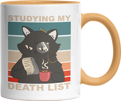 Studying my death list Katze Witzige Goldgelb Tasse kaufen Geschenk