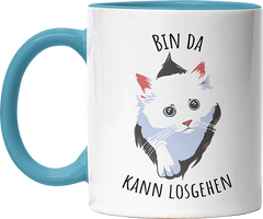 Bin da kann losgehen Katze Witzige Hellblau Tasse kaufen Geschenk