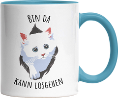 Bin da kann losgehen Katze Witzige Hellblau Tasse kaufen Geschenk