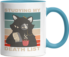 Studying my death list Katze Witzige Hellblau Tasse kaufen Geschenk
