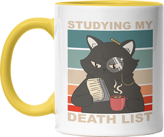 Studying my death list Katze Witzige Hellgelb Tasse kaufen Geschenk