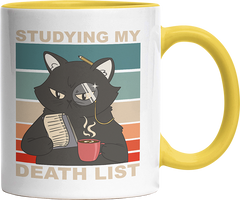 Studying my death list Katze Witzige Hellgelb Tasse kaufen Geschenk