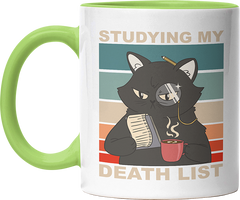 Studying my death list Katze Witzige Hellgrün Tasse kaufen Geschenk