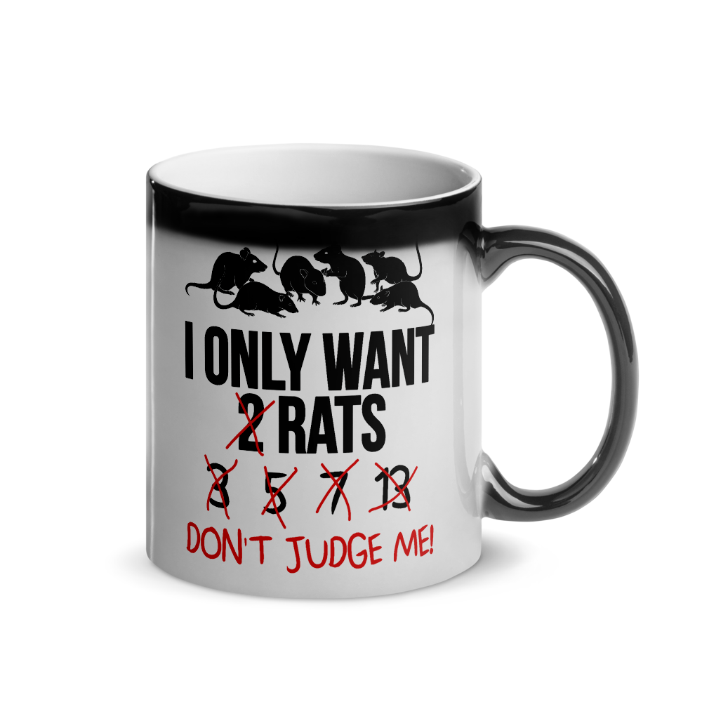 Zeigt eine magische Wärmetasse mit Ratten darauf mit einem lustigen Spruch für Rattenhalter