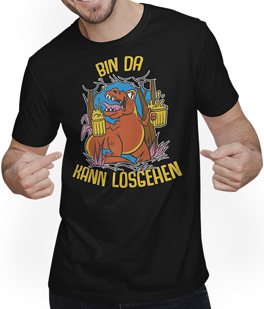 Produktbild von T-Shirt mit Mann Bin da kann losgehen Dino Bier Partyspruch Tyrannosaurus
