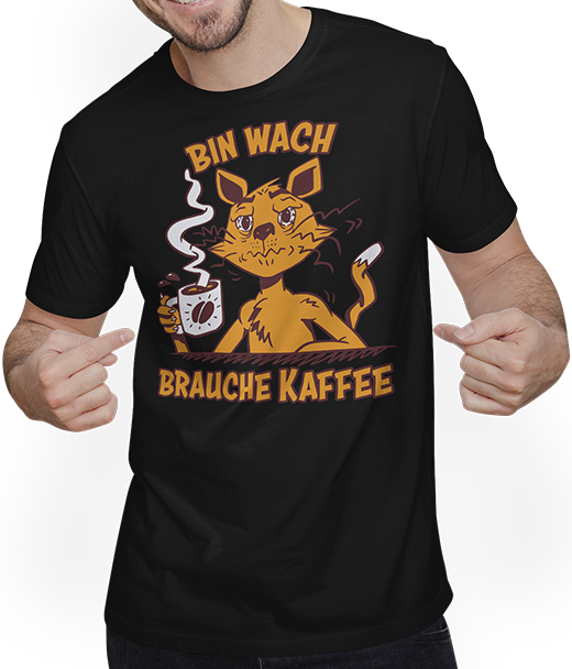 Produktbild von T-Shirt mit Mann Bin wach brauche Kaffee Mieze Espresso Katzen Sprüche