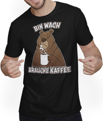 Produktbild von T-Shirt mit Mann Bin wach brauche Kaffee Morgenmuffel Espresso Bär Sprüche