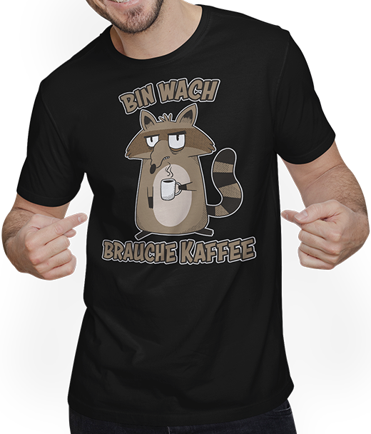Produktbild von T-Shirt mit Mann Bin wach brauche Kaffee Sprüche Espresso Waschbär Sprüche